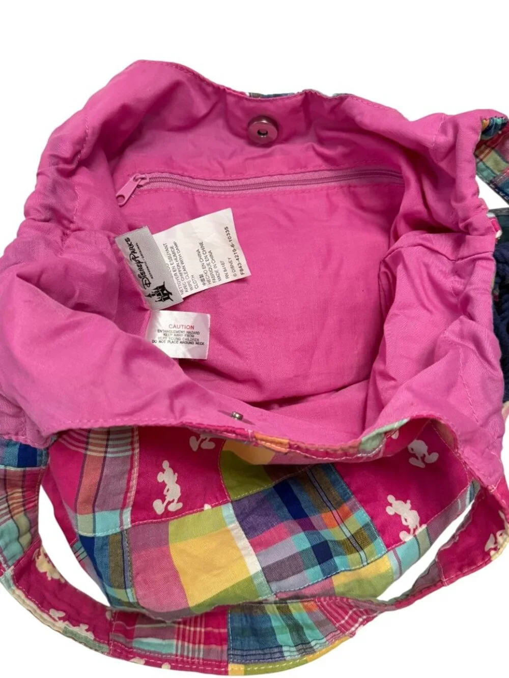 Disney Parks Mickey Mouse Patchwork Plaid Drawstring Hobo Shoulder Bag Pink